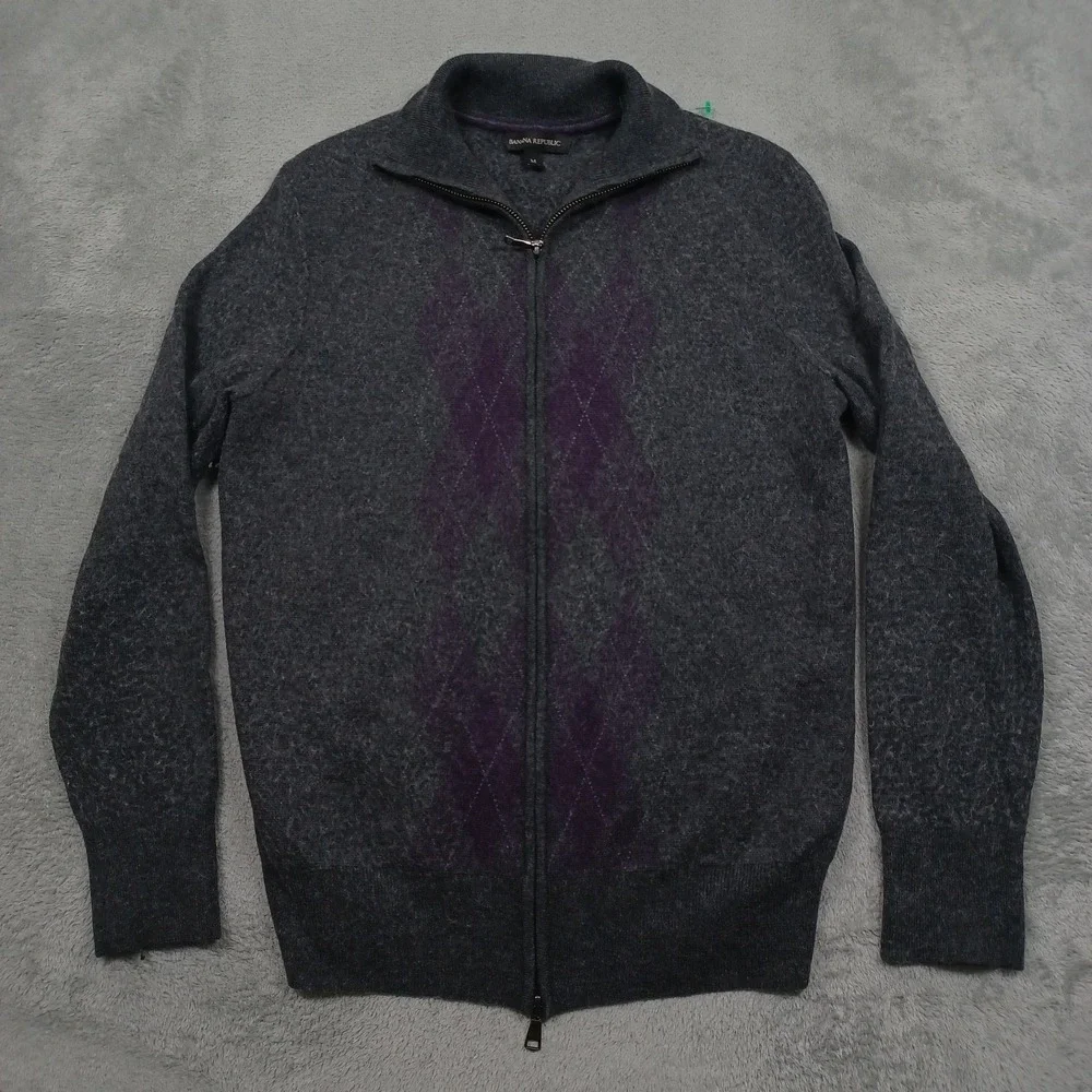 Vintage Banana Republic Sweater Mens Medium Gray Full ZIp‎ Wool Blend Preppy